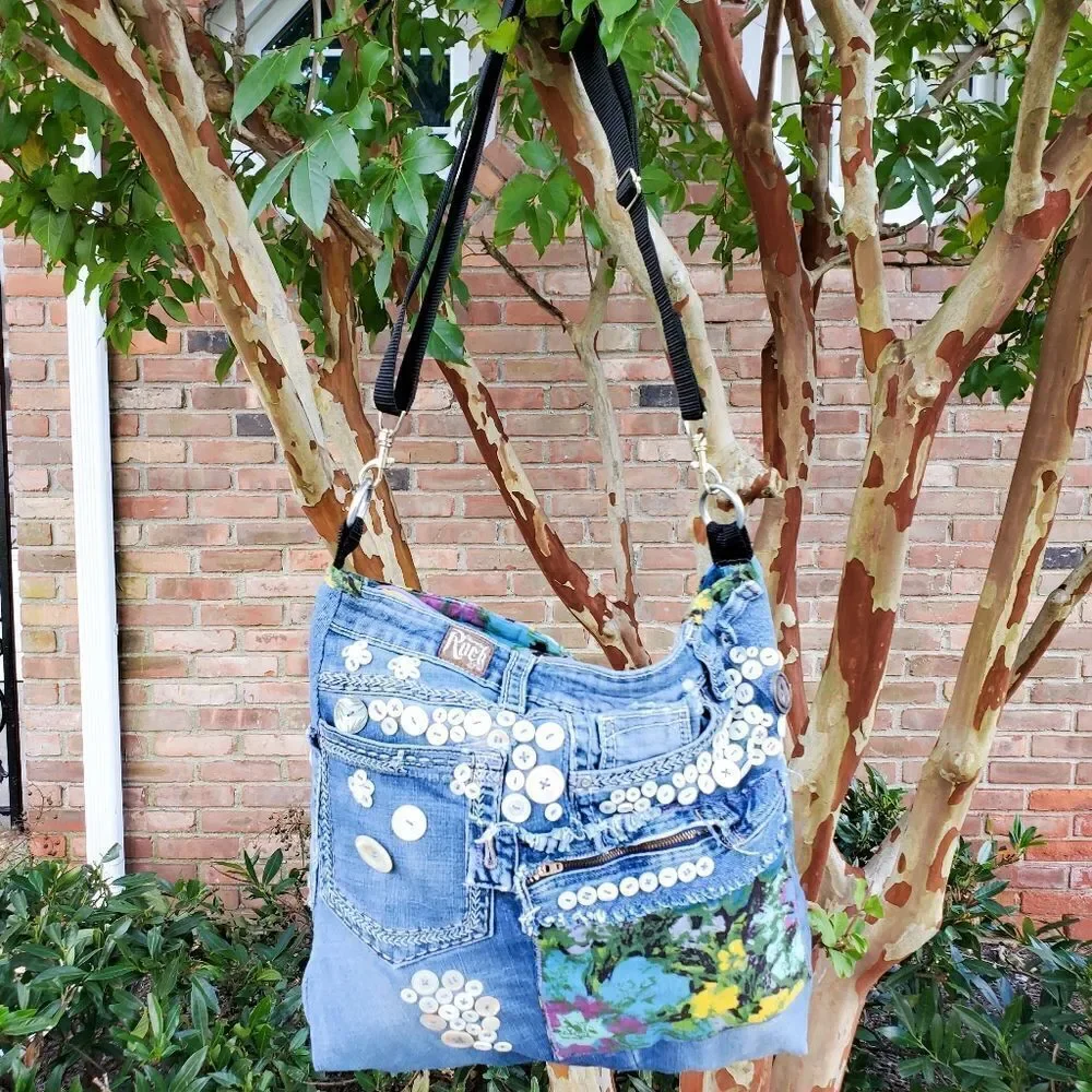 Handmade Recycled Denim Button Detail Gypsy Boho Crossbody Bag.